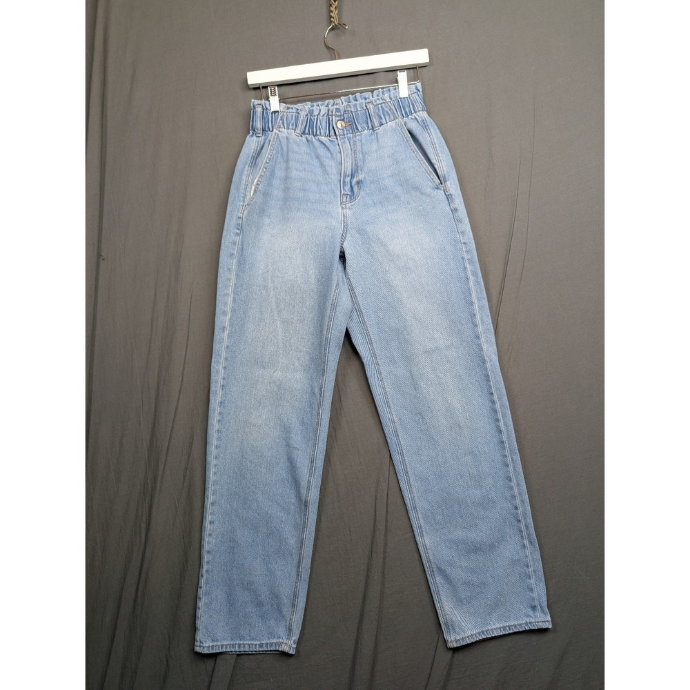 American Eagle Women 6 Short Light Wash High Elastic Waist Paper Bag Mom Jeans